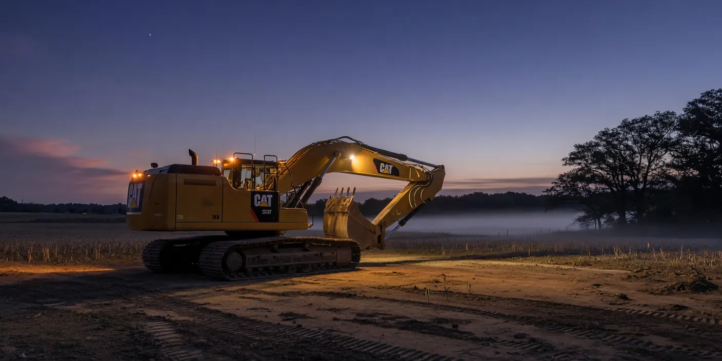 Yellow excavator at dusk on a Pennsylvania jobsite