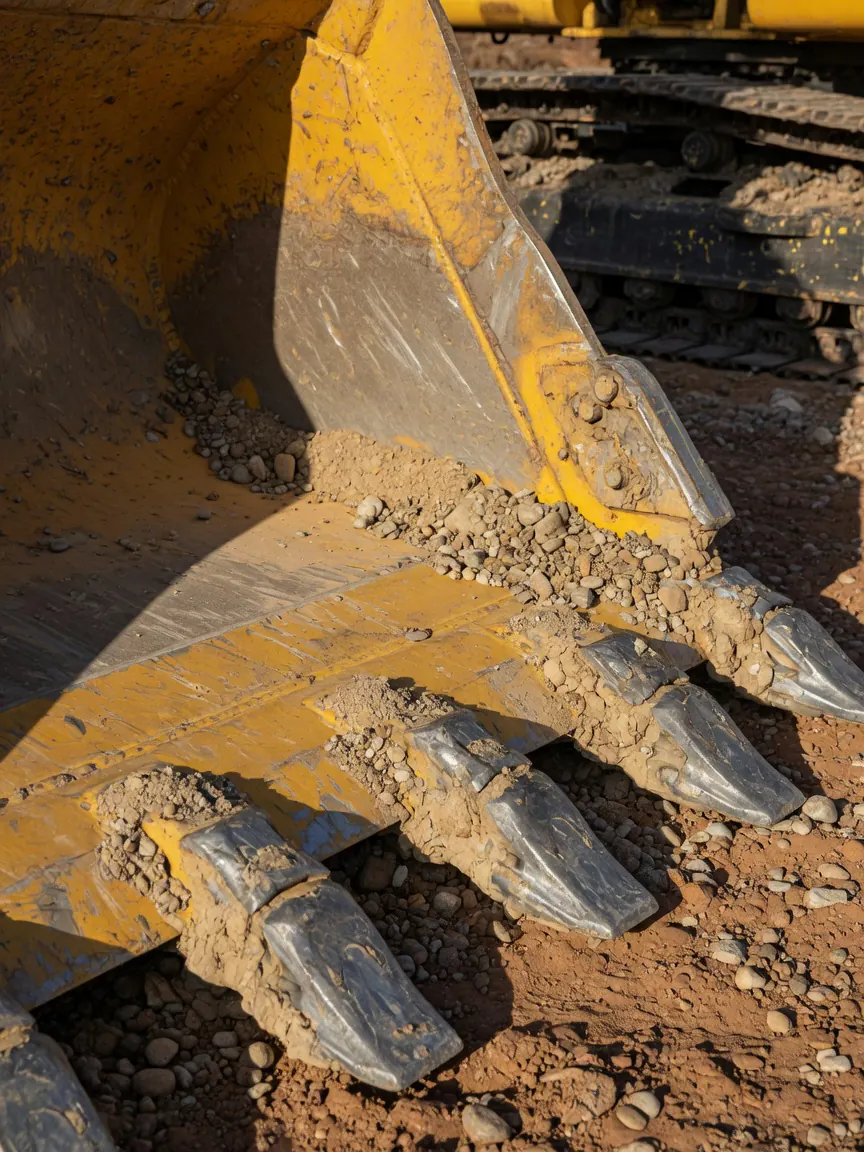 Close-up of an excavator bucket with caked soil — Thompson Excavating equipment