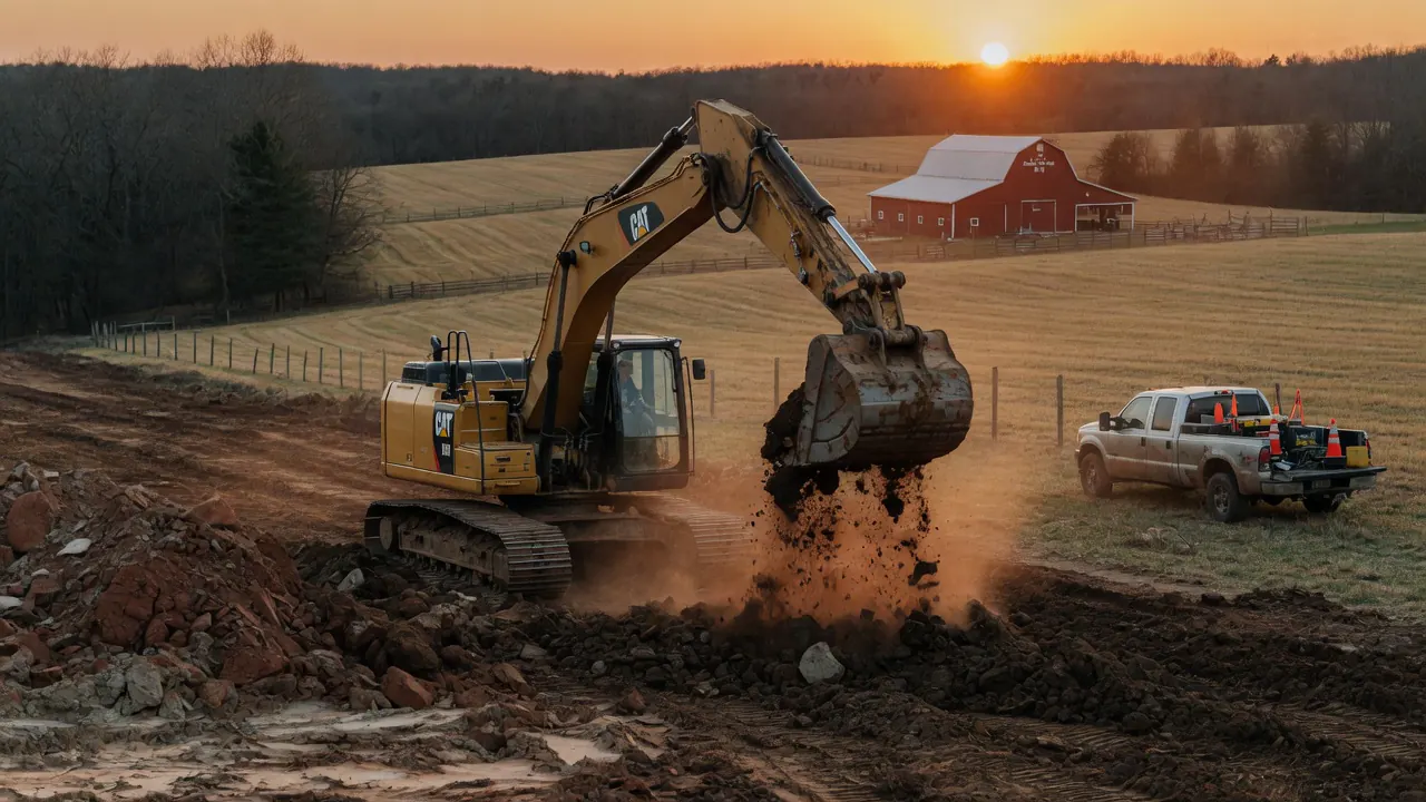 Yellow hydraulic excavator working a rural Pennsylvania site at golden hour